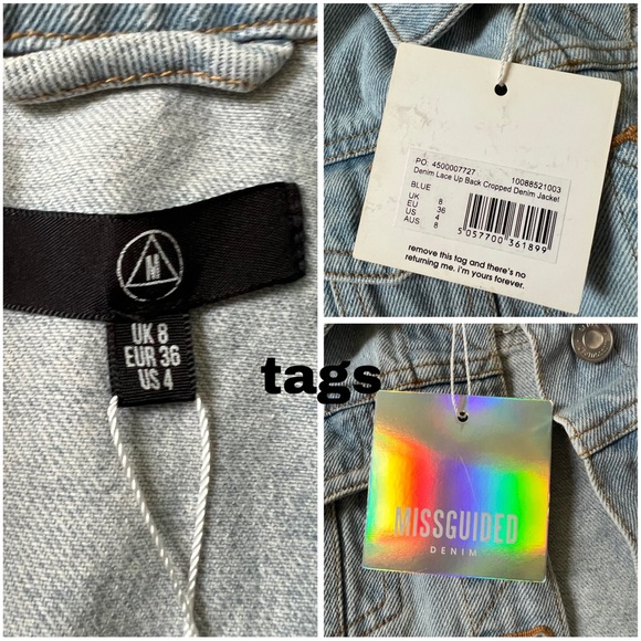 MISSGUIDED Light Wash Blue Jean Denim Lace Up Back Detail Cropped Jacket Sz S - Picture 14 of 16